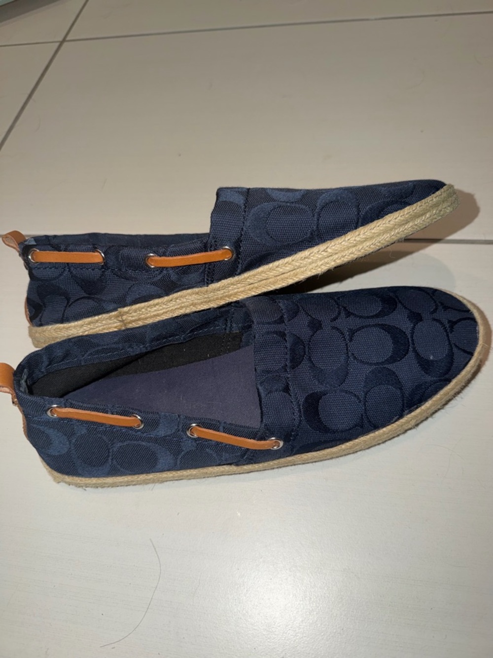 Coach Navy Signature Slip-On Espadrilles with Tan Leather Trim